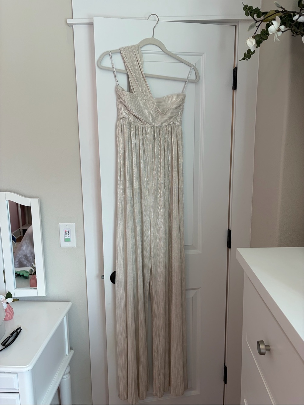 Sabina Musayev Ivory Metallic One-Shoulder Jumpsuit